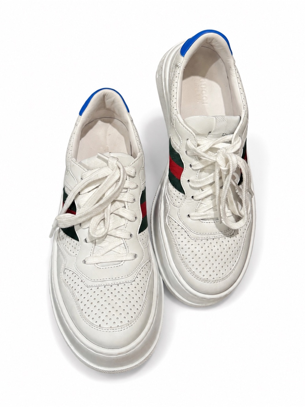 Gucci White Leather Platform Sneaker with Green and Red Web and Blue Heel - Picture 12 of 13